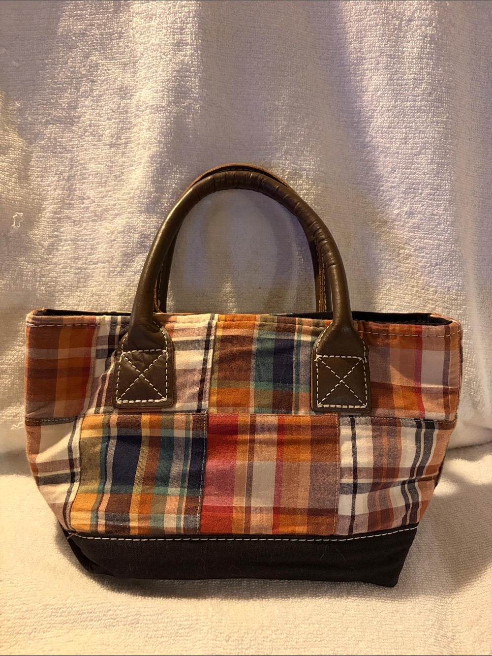 LL Bean Madras Mini Tote w/Brown Leather Trim *read description*